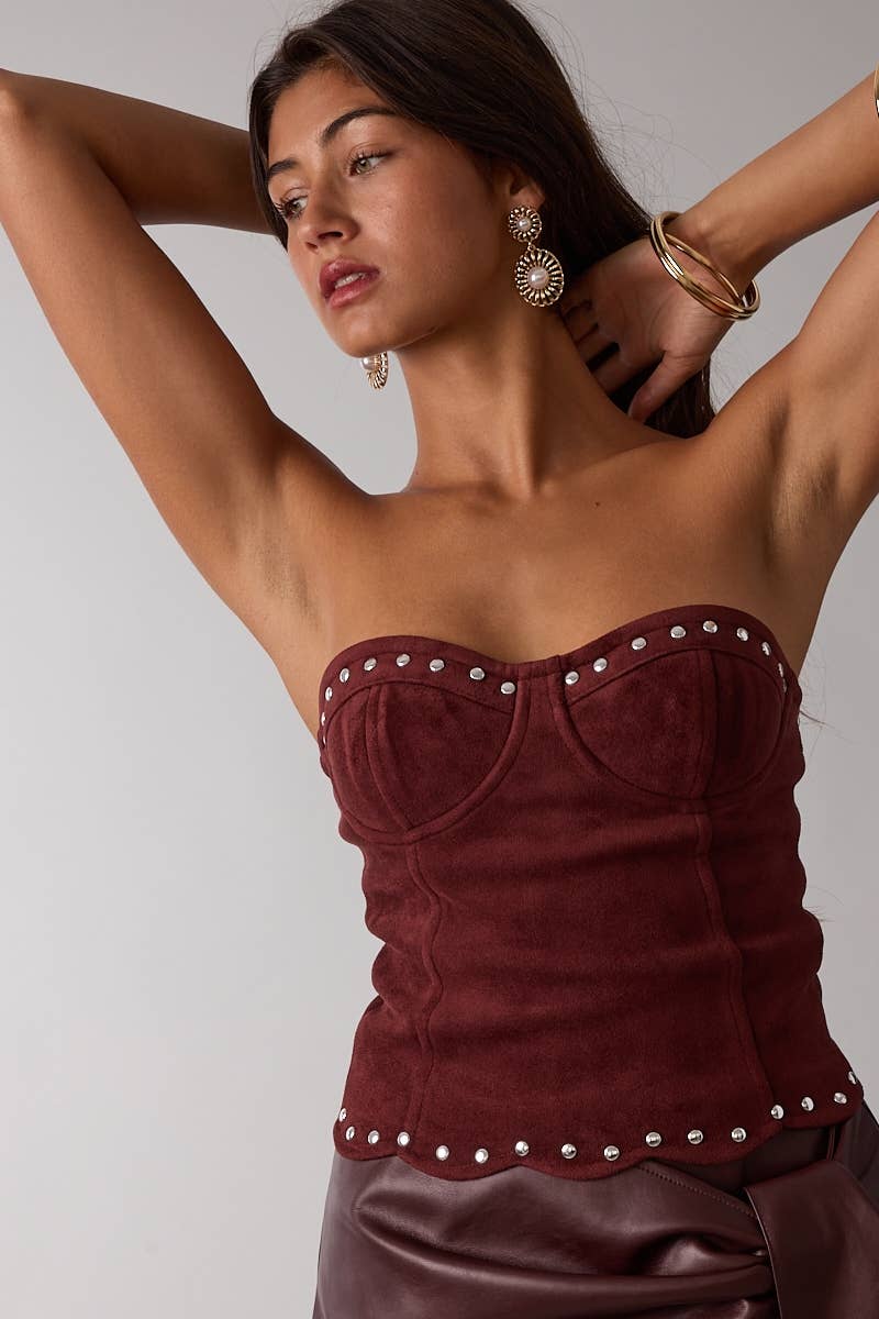 Faux Suede Studded Bustier Tube Top in Burgundy (L)