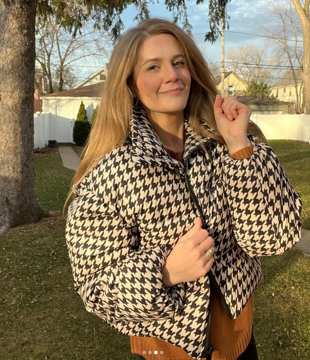Houndstooth Stand Collar Puffer Jacket | Alicia Mohr