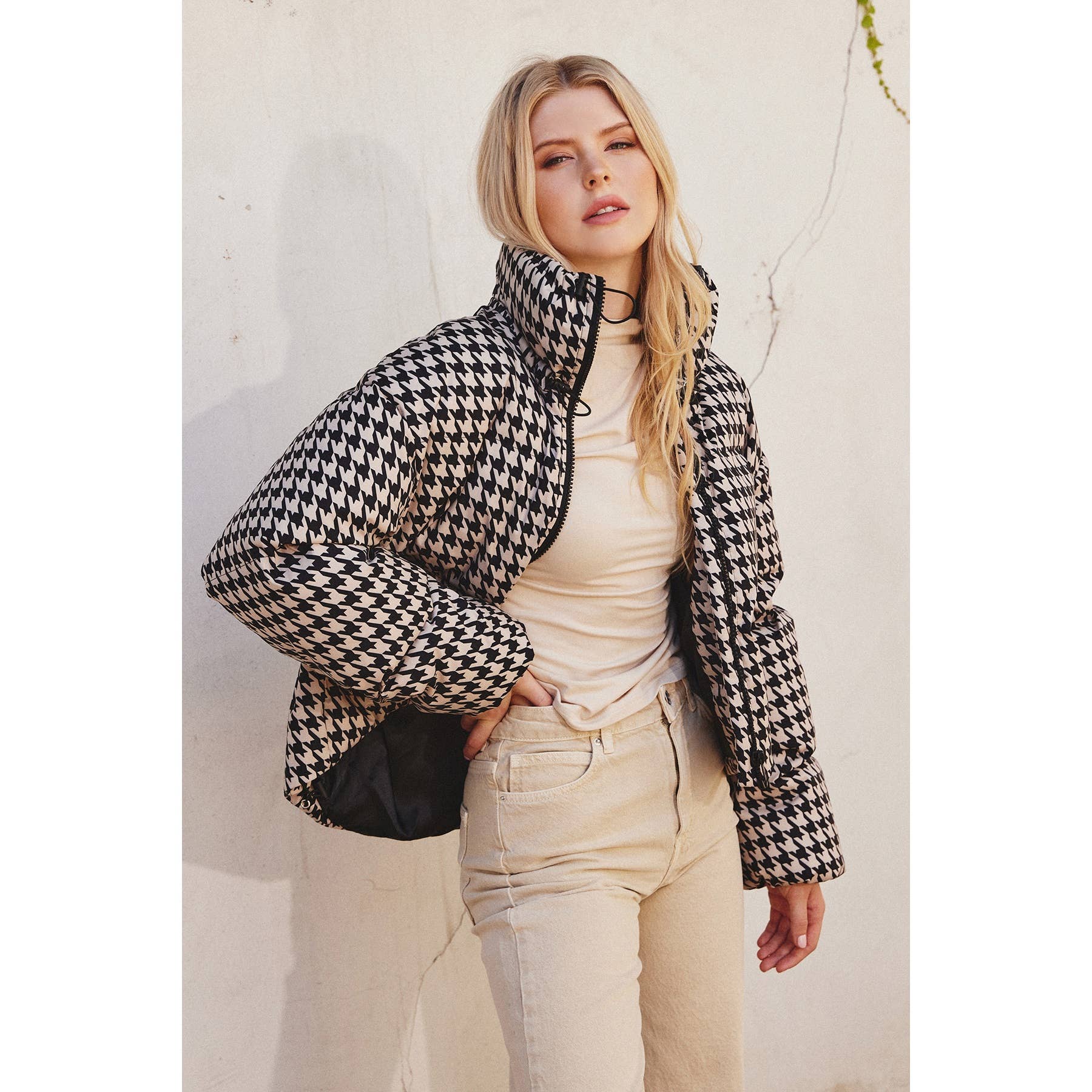 Houndstooth Stand Collar Puffer Jacket | Alicia Mohr