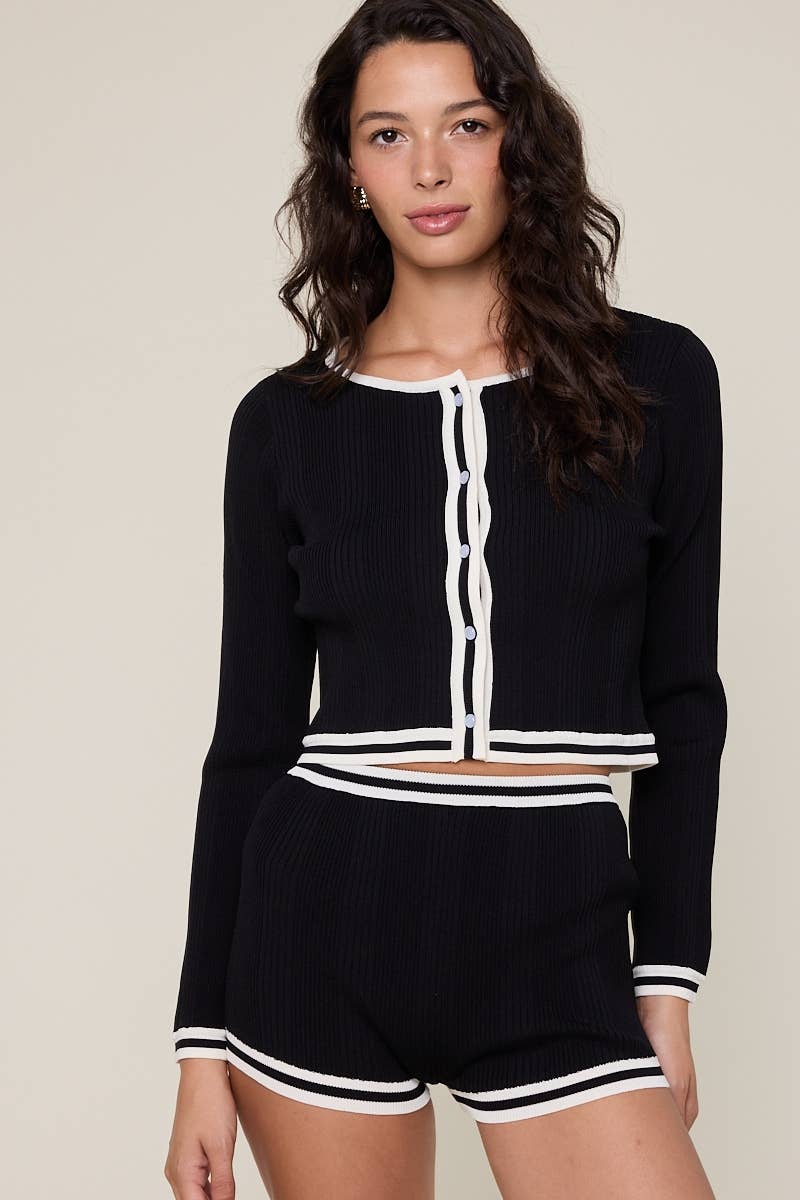 Black Cardigan with White Trim | Alicia Mohr
