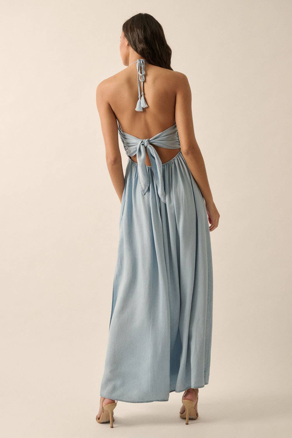 Halter Denim Maxi Dress in Light Chambray (L)