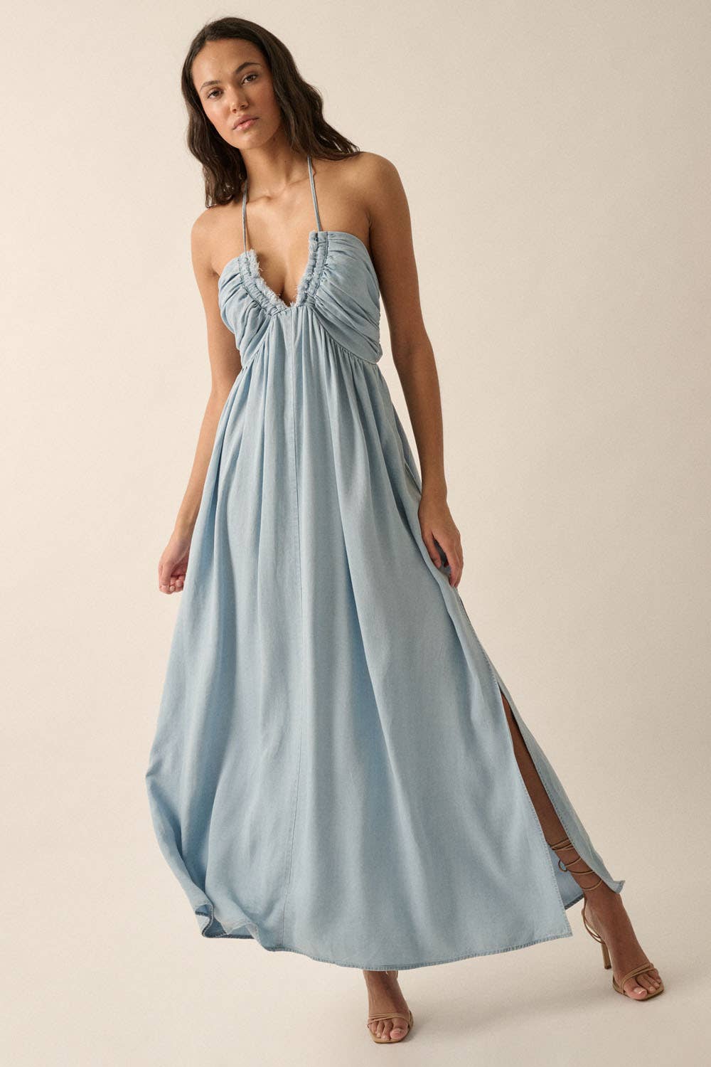 Halter Denim Maxi Dress in Light Chambray (L) Halter Denim Maxi Dress in Light Chambray (L)