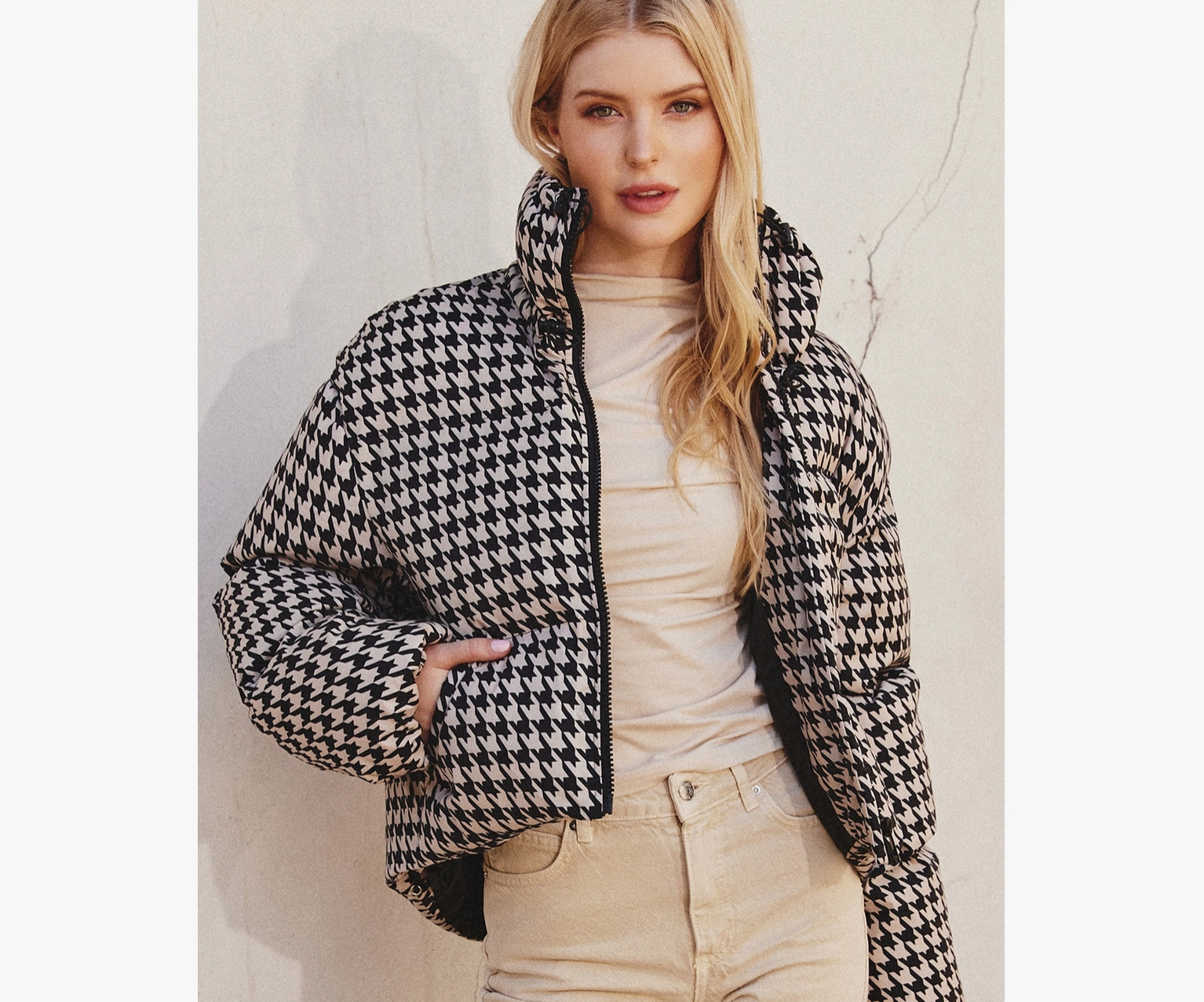 Houndstooth Stand Collar Puffer Jacket | Alicia Mohr